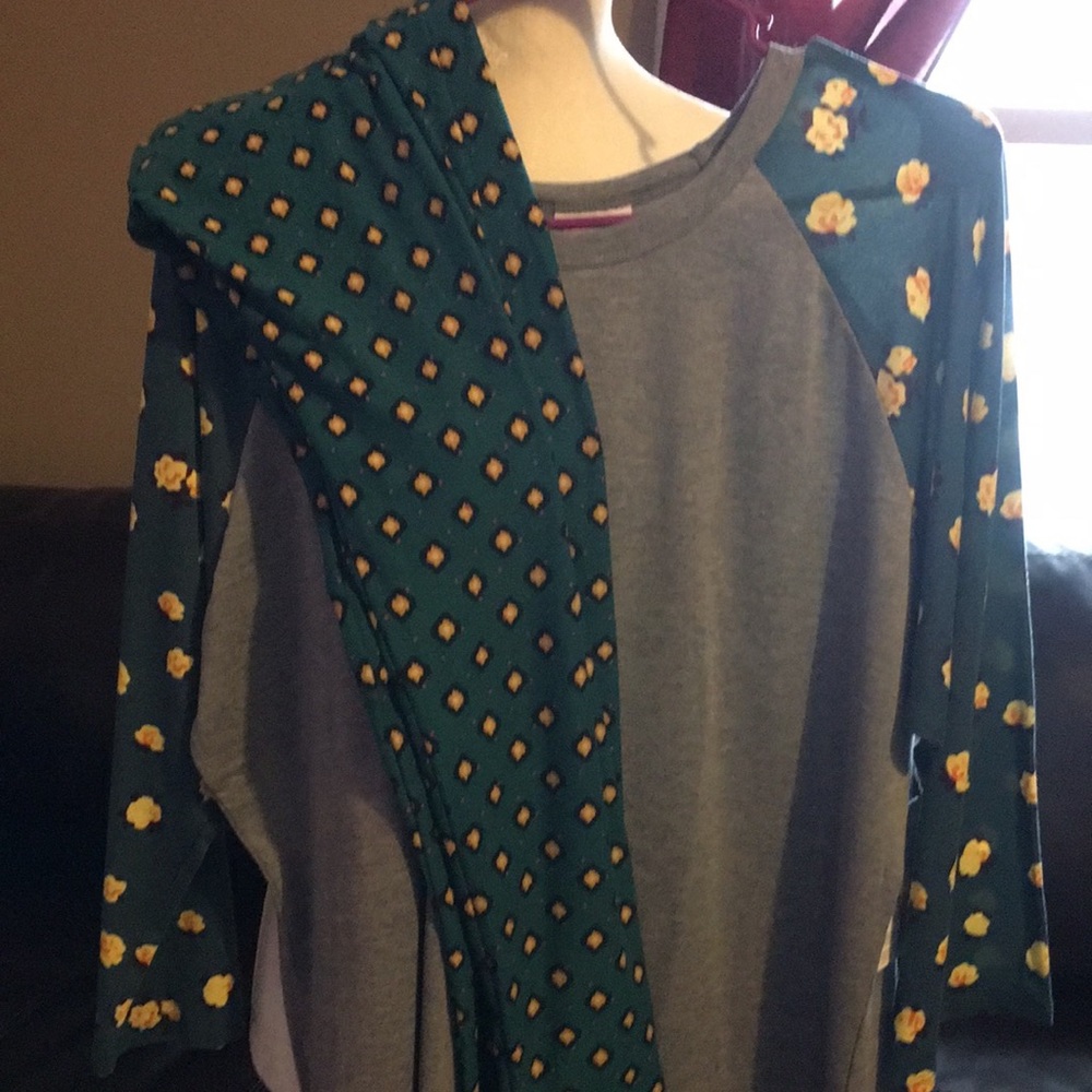 LuLaRoe XL Grey Randy and Teal OS Leggings